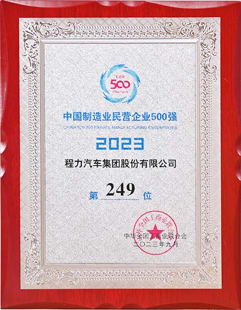 程力中國制造業(yè)民營企業(yè)500強(qiáng)獎(jiǎng)牌